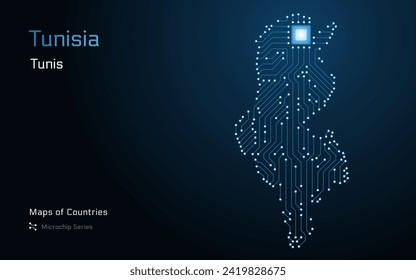 Tunisia Map with a capital of Tunis Shown in a Microchip Pattern with processor. E-government. World Countries vector maps. Microchip Series svg