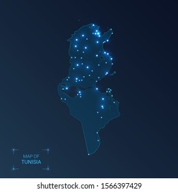 Tunisia map with cities. Luminous dots - neon lights on dark background. Vector illustration. 