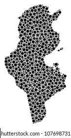 Tunisia Map collage of round dots in different sizes. Randomized round elements are arranged into Tunisia Map composition. Vector geographical map vector illustration.