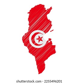 Tunisia map color hand drawn sketch. Vector concept illustration flag, scribble map. Country map for infographic, brochures and presentations isolated on white background. Vector illustration.