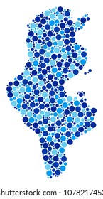 Tunisia Map composition of filled circles in variable sizes and blue color hues. Random round dots are composed into Tunisia Map composition. Vector cartography blue map design concept.