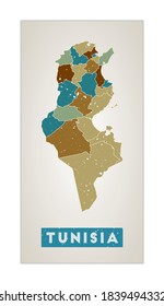 Tunisia map. Country poster with regions. Old grunge texture. Shape of Tunisia with country name. Awesome vector illustration.