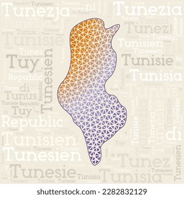 TUNISIA map design. Country names in different languages and map shape with geometric low poly triangles. Neat vector illustration of Tunisia.