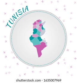 Tunisia map design. Map of the country with regions in emerald-amethyst color palette. Round travel to Tunisia poster with country name and airplanes background. Classy vector illustration.