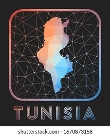 Tunisia map design. Vector low poly map of the country. Tunisia icon in geometric style. The country shape with polygnal gradient and mesh on dark background.