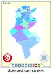 Tunisia Map with Flag Buttons and Assistance & Activates Icons Original Illustration