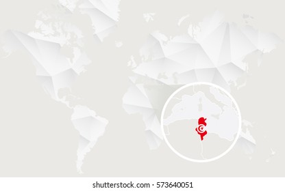 Tunisia map with flag in contour on white polygonal World Map. Vector Illustration.