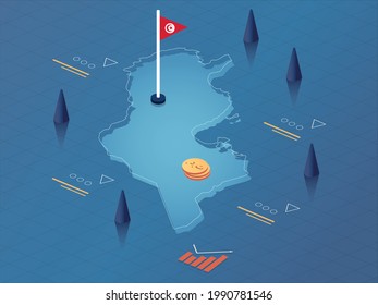 Diseño de ilustraciones en mapas, bandera y moneda de Túnez de vectores industriales y económicos modernos