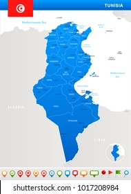 Tunisia map and flag - highly detailed vector illustration