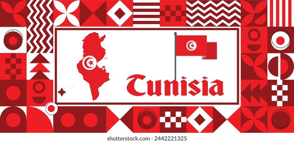 Tunisia Map flag independence day geometric Country web banner corporate abstract background design with flag theme. Country Vector Illustration svg