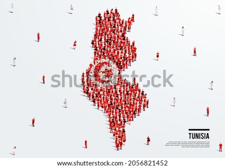 Tunisia Map and Flag. A large group of people in the Tunis flag color form to create the map. Vector Illustration.