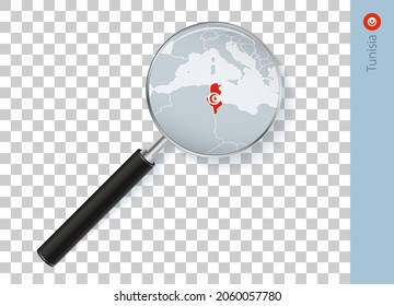 Tunisia map with flag in magnifying glass on transparent background. Vector loupe with map.