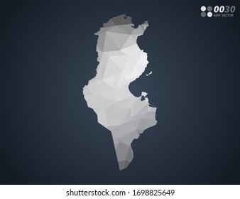 Túnez mapea el mosaico del triángulo rojo del polígono gris con fondo oscuro. vector de degradado de estilo.