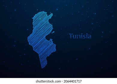 Tunisia map hand drawn scribble sketch.Vector map in futuristic style on dark blue space background. Vector illustration.