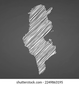 Tunisia map hand drawn sketch. Vector concept illustration flag, scribble map. Country map for infographic, brochures and presentations isolated on black background. Vector illustration.