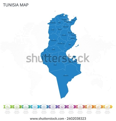 Tunisia Map - Infographic detailed map with regions and cities of the country. Vector illustration EPS10.