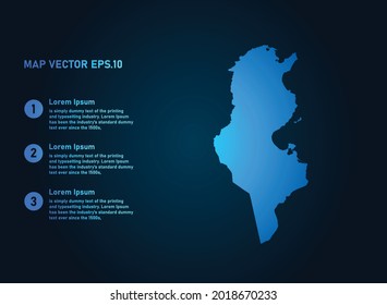 Tunisia map, infographic style , on dark background with Map World. Wire frame 3D mesh , map 3D,