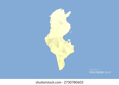 Mapa de Túnez en estilo de Vector de polígono bajo, ilustración de forma geométrica con tonos amarillos suaves sobre fondo azul, silueta limpia para infografía.