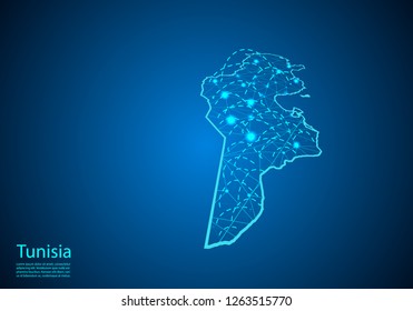 tunisia map with nodes linked by lines. concept of global communication and business. Dark tunisia map created from white dots with travel locations or internet connection.