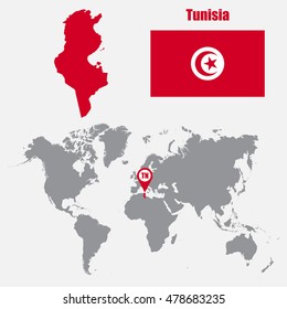 Tunisia map on a world map with flag and map pointer. Vector illustration
