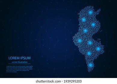Tunisia map from point blue and glowing stars on a dark background. Vector eps 10.