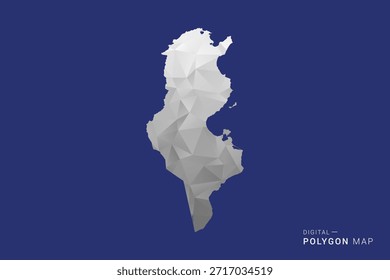 Mapa de Túnez - Ilustración vectorial de estilo de mapa blanco y negro polígono, diseño geométrico de bajo poli, aislado sobre fondo azul.