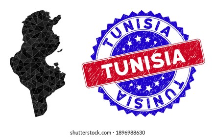 Tunisia map polygonal mesh with filled triangles, and rough bicolor stamp print. Triangle mosaic Tunisia map with mesh vector model, triangles have various sizes, and positions, and color shades.