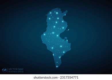 Tunisia map radial dotted pattern in futuristic style, design blue circle glowing outline made of stars. concept of communication on dark blue background. Vector EPS10