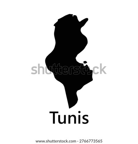 Tunisia Map Silhouette Vector Illustration, Black Outline of Tunisian Country Shape Isolated on White Background