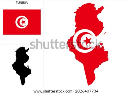 Tunisia map with Tunisian flag background - map as a black pattern and Tunisian flag available separately