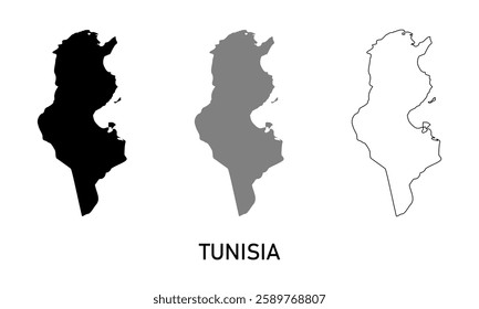 tunisia map in various style outline, black, and gray	