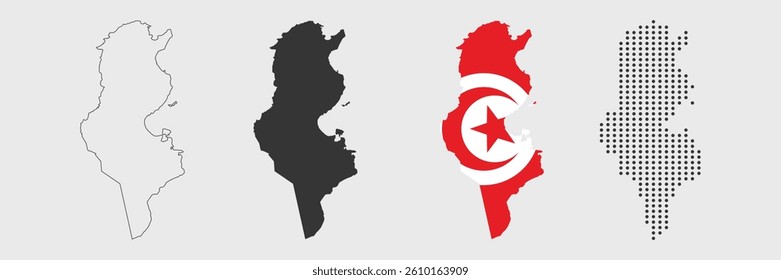 Tunisia map in various style outline, grey, flag color, and dotted