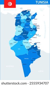 Tunisia Map Vector Blue Spot - Customizable layered political map of Tunisia with administrative divisions for website, education, reports, news, politics, print, poster and wallpaper