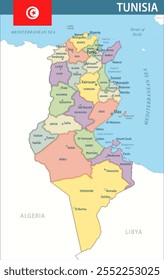 Tunisia Map Vector New 2024 Colorful - Customizable layered political map of Tunisia with administrative divisions for website, education, reports, news, politics, print, poster and wallpaper