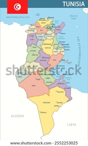 Tunisia Map Vector New 2024 Colorful - Customizable layered political map of Tunisia with administrative divisions for website, education, reports, news, politics, print, poster and wallpaper