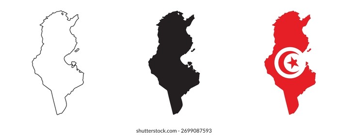 Tunisia map vector set with editable country outline black silhouette and national flag featuring red background with white circle crescent and star for geography and education design use
