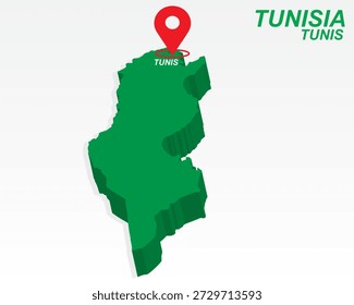 Tunesien Landkarte Vektor, Tunis Hauptstadt Marker auf Grün 3D Country Shape, Tunesien Infografik Design, bearbeitbare Zielzeiger Tunesien Geografie