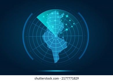 Mapa de Túnez - Mapa Mundial Plantilla vectorial internacional con el estilo de radar de círculo futurista HUD, GUI, interfaz de interfaz de usuario aislada en fondo azul para el diseño, infografía - Ilustración vectorial eps 10