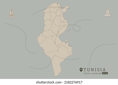 Tunisia Map - World Map International vector template High detailed with brown color isolated on grey background including simple point of location, wind, boat icon - Vector illustration eps 10