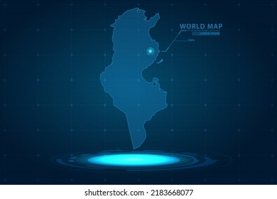 Mapa de Túnez - Mapa Mundial de la plantilla vectorial internacional con Holograma en estilo de perspectiva y HUD, GUI, interfaz de interfaz de usuario aislada en fondo azul para el diseño - Ilustración vectorial eps 10