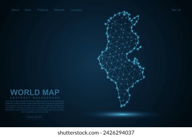 Tunesien Karte - Weltkarte Maische Linie und Punkt-Skalen auf blauem Technologie Hintergrund. Drahtrahmen 3D Mesh polygonale Netzwerklinie, Design Kugel, Punkt und Struktur - Vektor-Illustration eps 10