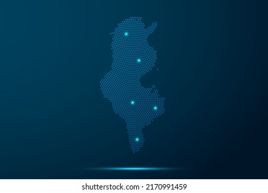 Tunisia Map - World Map vector template with dots, grid, grunge, halftone style and light, network line, design sphere on blue technology background -  Vector illustration eps 10