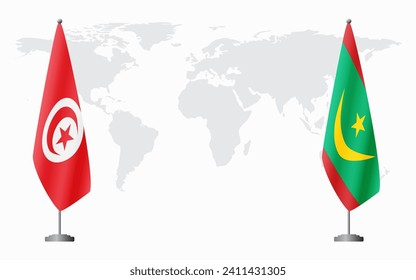 Tunisia and Mauritania flags for official meeting against background of world map.