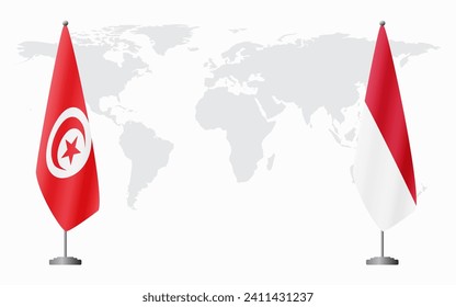 Tunisia and Monaco flags for official meeting against background of world map.