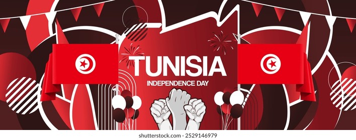 Tunisia national day festive banner. Vibrant modern design for holiday celebration, greeting card, billboard, sport event backdrops. March 20. Happy Tunisia Independence Day Backgrounds
