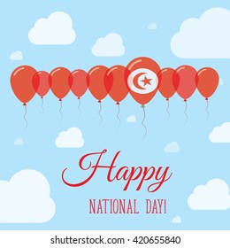 Tunisia National Day Flat Patriotic Poster. Row of Balloons in Colors of the Tunisian flag. Happy National Day Tunisia Card with Flags, Balloons, Clouds and Sky.