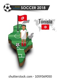 Tunisia national soccer team . Football player and flag on 3d design country map . isolated background . Vector for international world championship tournament 2018 concept .