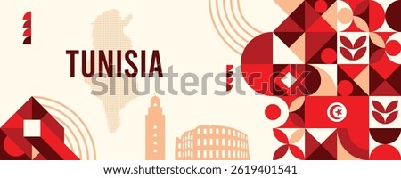 Tunisia national vector banner featuring the flag, dotted map, landmarks, and geometric pattern design
