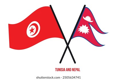 Tunisia and Nepal Flags Crossed And Waving Flat Style. Official Proportion. Correct Colors.