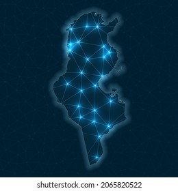 Tunisia network map. Abstract geometric map of the country. Digital connections and telecommunication design. Glowing internet network. Cool vector illustration.